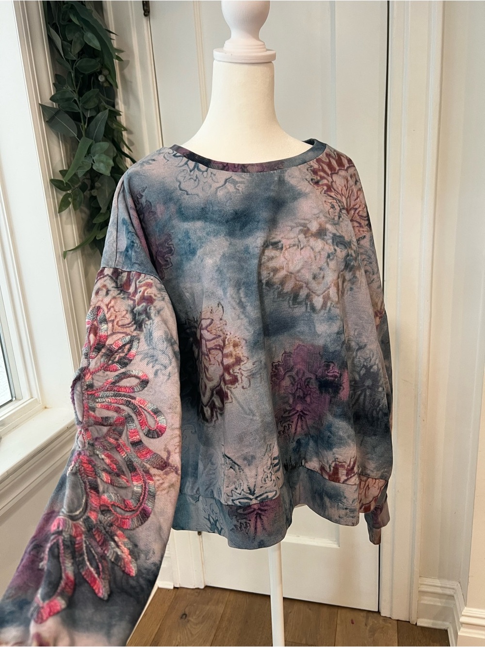 Pilcro Blue and Pink Floral Tie-Dye Crewneck Sweatshirt